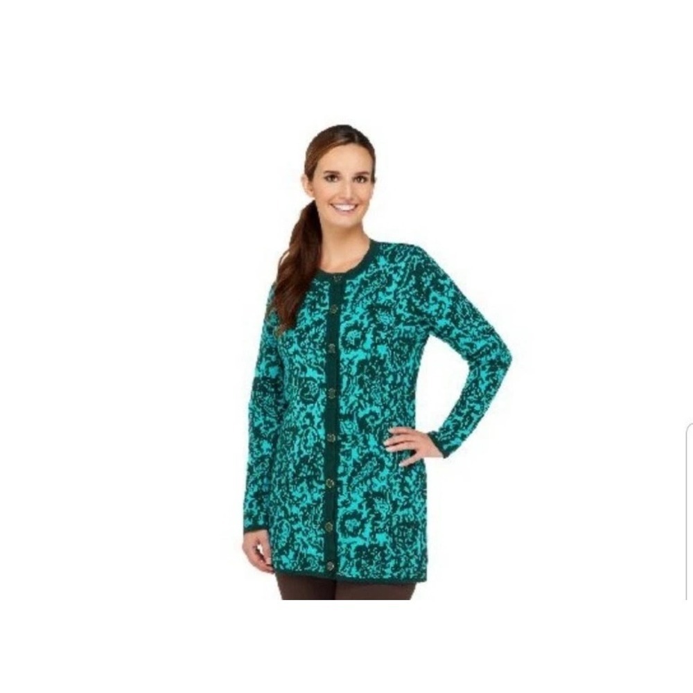 Isaac Mizrahi Live! Green Black Jacquard Longline Cardigan Sweater 1X